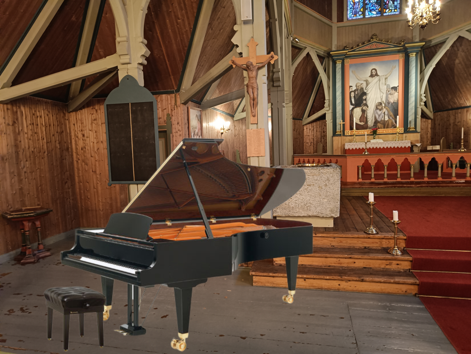 Fotomontasje med foto frå interiøret i Stedje kyrkje med illustrasjon av flygel